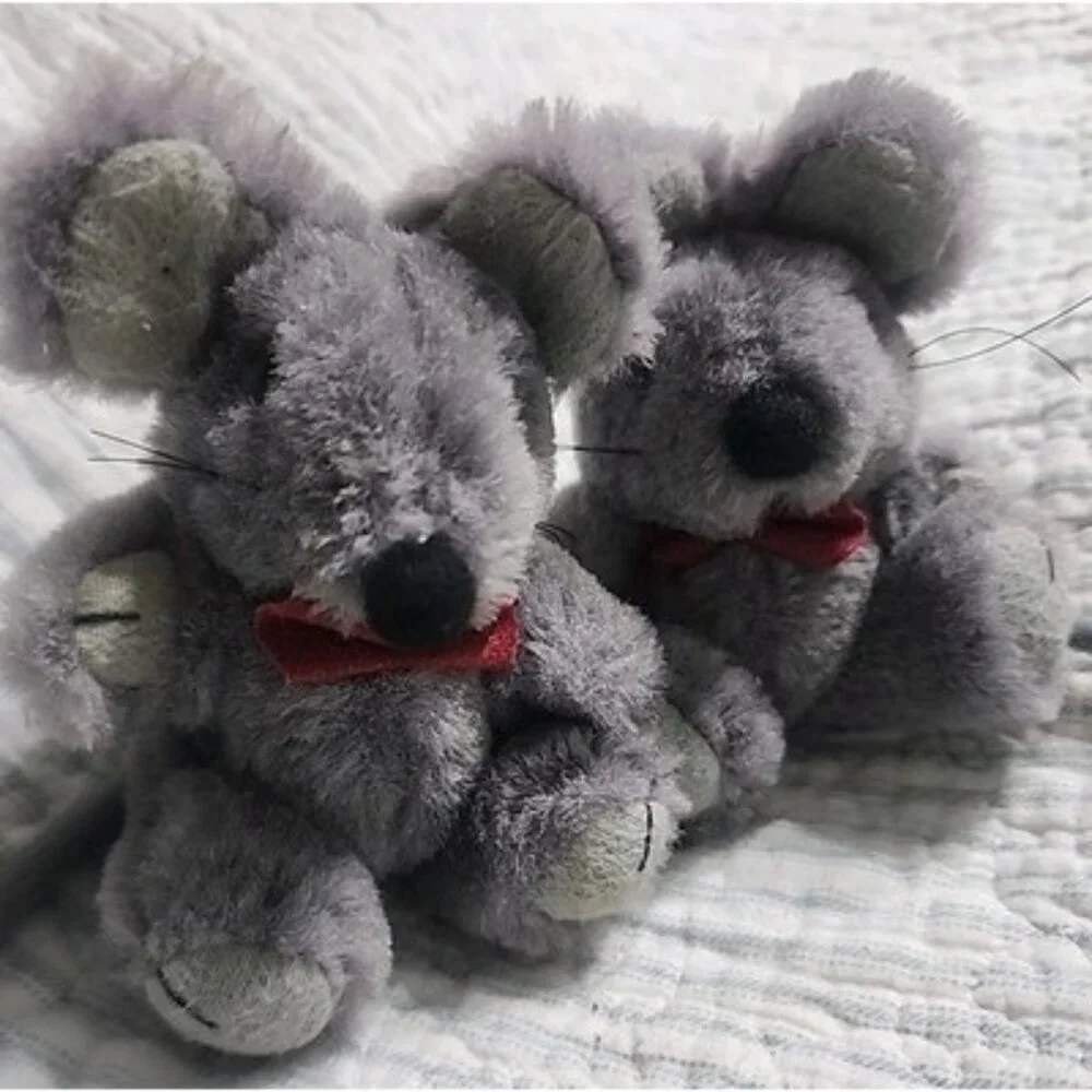 Wangs Articulated  Pair Of Cute Mice With Red Bowties, Gray Fuzzy With Long Tail